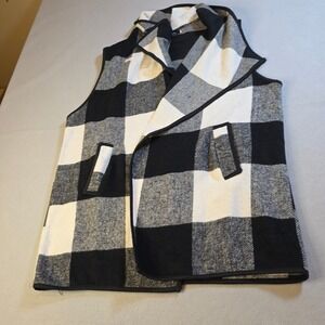 Yacun Buffalo Plaid Vest Black White Draped Open Front Sleeveless Jacket XL